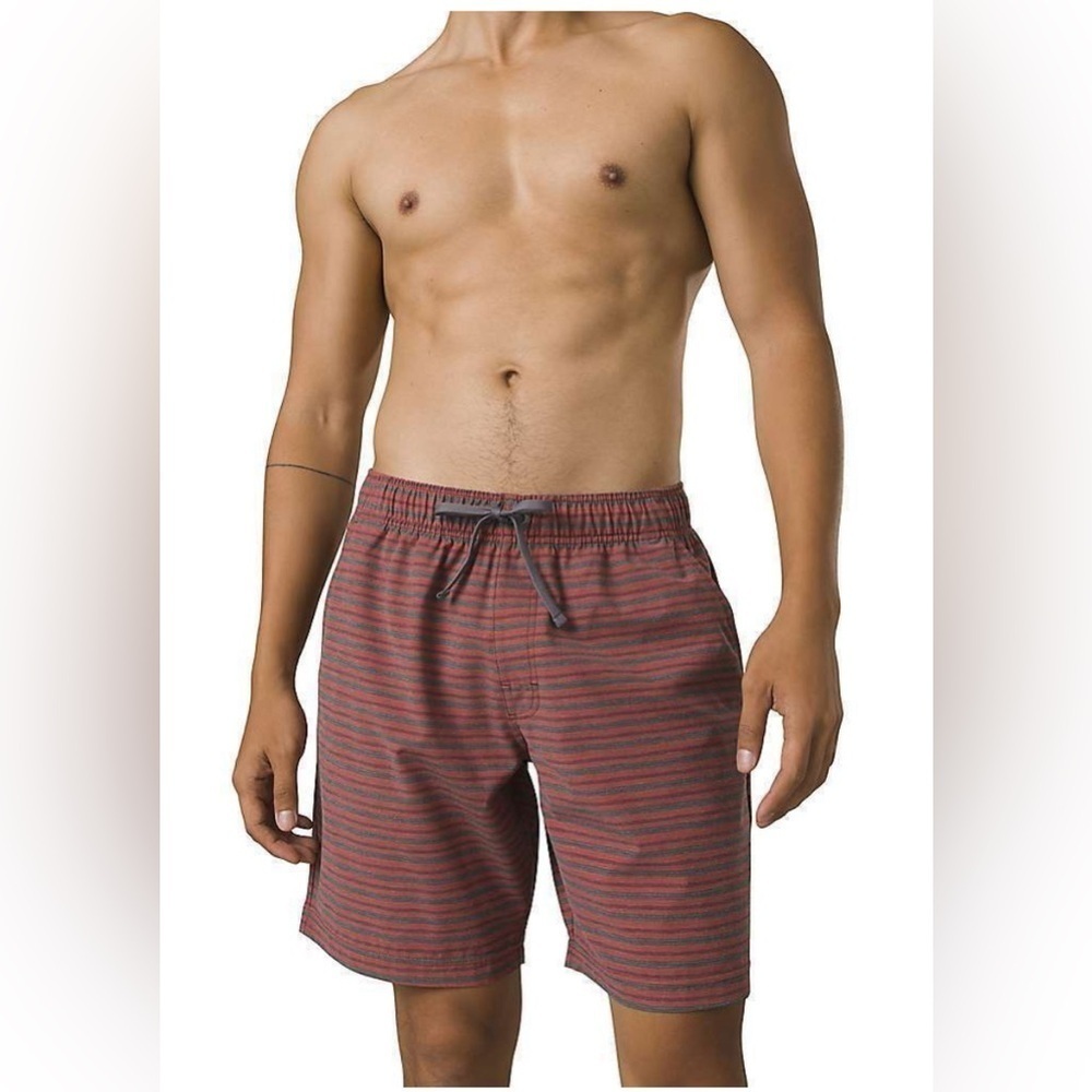 PrAna Men's XL Pull On Metric E-Waist Board 8" Stretch Shorts Rust Stripe NWT